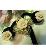 PORCELAIN ROSES Brooch and Post Earrings with Goldtone Filigree - Vintag... - $35.00