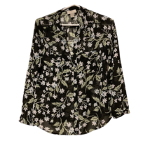 Loft Outlet Women Popover Top Black Floral Long Sleeve Sheer Round Hem Petite SP - £9.94 GBP