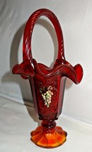 Fenton Art Glass HP Ruby Red Lily Ftd Paneled Grape Basket 7517GI New in... - $85.00