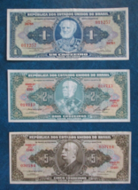 LOT OF 3 1950&#39;s LIGHTLY CIRCULATED BRAZIL BANKNOTES (1, 2 &amp; 5 CRUZEIROS) - $4.95