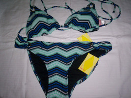 Womens Juniors Kirra Blue/Green Striped Triangle Top Bikini Swim Suit New $50 - $32.99