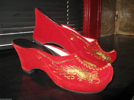 Vintage Asian Dragon velvet platform pin-up shoes mules slides 6.5 UK4 3... - $116.53