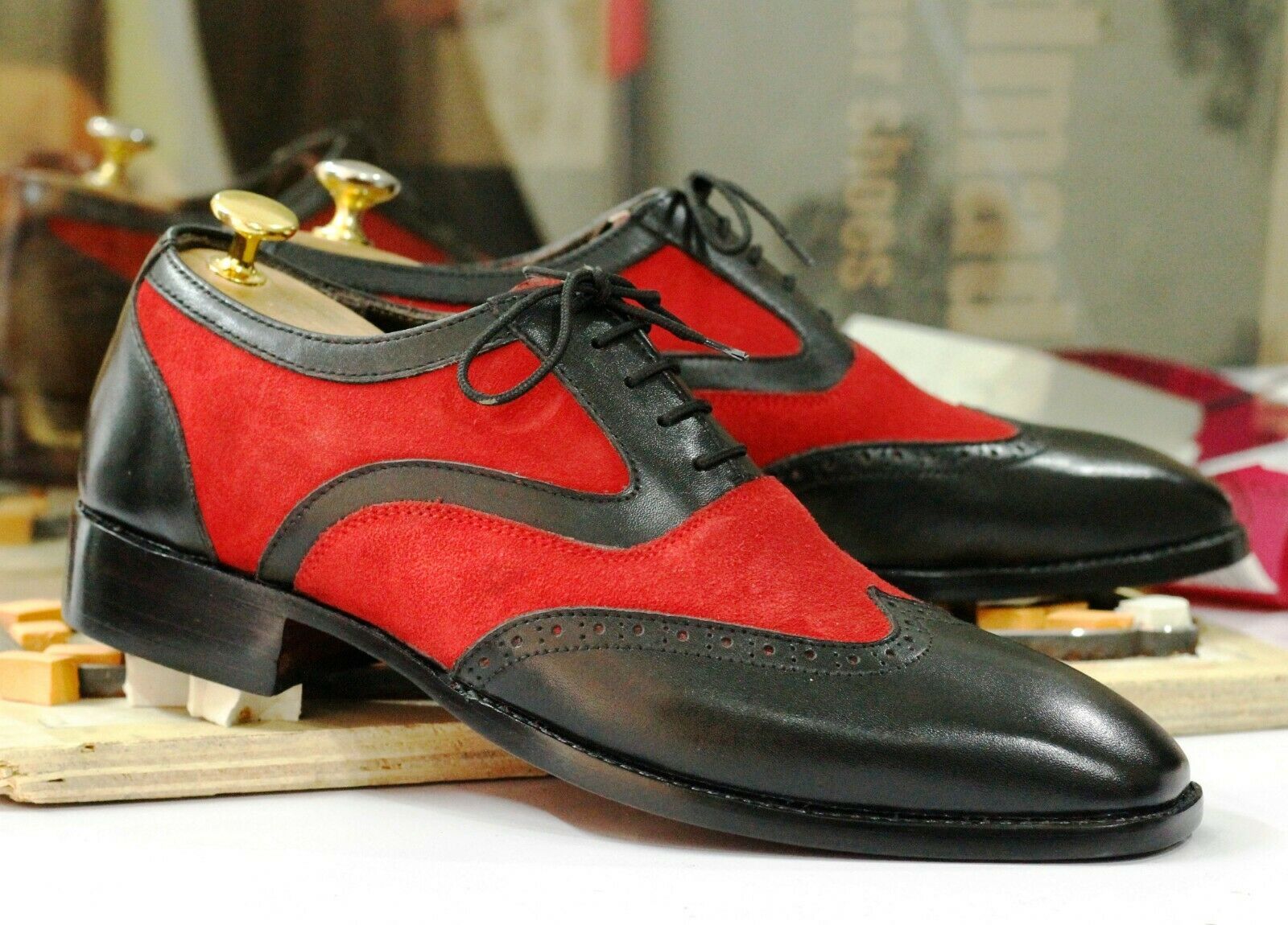 Handmade Men's Black Red Leather Suede Wing Tip Spectator Shoes, Men Dress Shoes