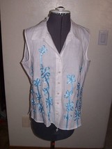 Womens Carole Little Button Up Sleeveless Shirt Top White Blue Flowers New $30 - £15.81 GBP