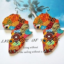 Tribal Wood Africa Map DIY Colorful Painting Afro Vintage Earrings Round Wooden  - £8.21 GBP