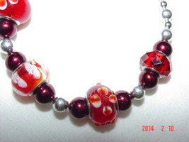 Red Lampwork Beaded Bracelet with Czech Druk Glass, Silver- Free Shipping - $14.99