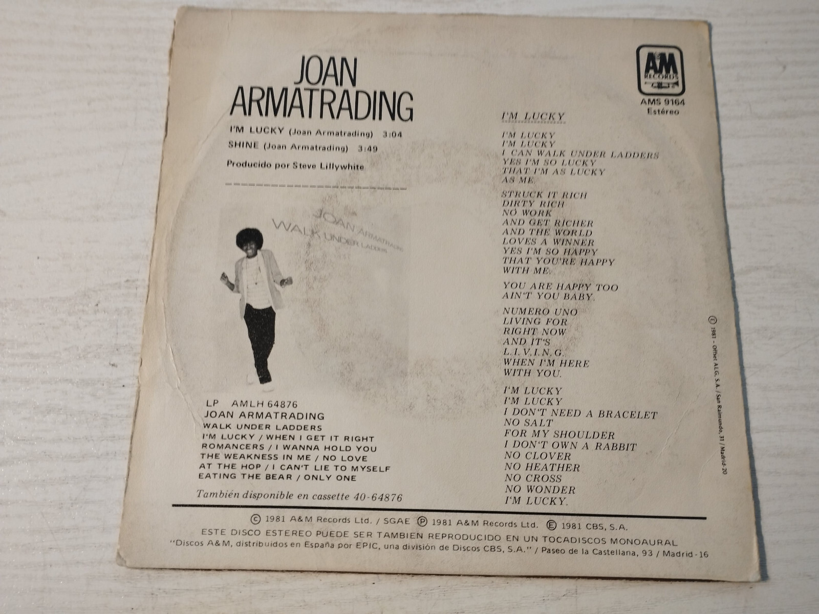 Joan Armatrading - I'M Lucky 1981 Am - Single LP vinyl 7 " VG/VG Promo Item image 4