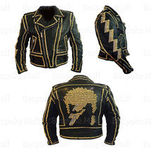 New Men&#39;s Punk Black Golden Studded Monster Skull Leather Jacket All Size-559 - £434.58 GBP
