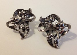 Floral Bouquet Silver Tone Metal Earrings Ribbon Filigree Flowers Pierce... - £25.52 GBP