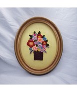 Vintage Crewel Embroidered  Floral Oval Framed Picture Art USA  Free Ship - $29.70