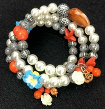 Pearl Blue Petuna  Orange Gray Silver Stack Bracelets Memory Wire Handcrafted  - £23.96 GBP