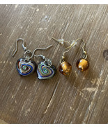 Glass Heart Dangle Drop Earrings Colorful Swirls And Bronze Spheres Hand... - €9,69 EUR