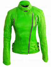 New Woman&#39;s Light Parrot Green Quilted Flash Sheep Skin Biker Leather Jacket-162 - £125.03 GBP+