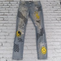 THRT Jeans Mens 34 Blue Denim Shattered Dreams Graffiti Smile Yellow Streetwear - £35.31 GBP