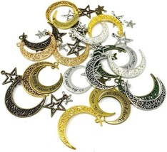 6 Moon and Star Pendants Antiqued Silver Gold Mix Celestial Sky Charms Crescent - £4.00 GBP