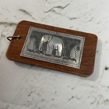 Wood Tag Keychain W Metal Plate Elephant In The Plains Scene Brown Silve... - $14.84