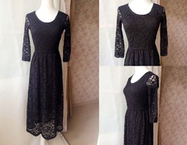 Black Crop Sleeve Stretch Long Lace dress Women Custom Plus Size Lace Dress image 3