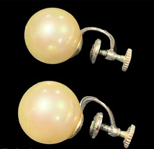 Vintage Crown Trifari Earrings Big Bold Faux Pearl Silver Tone Signed Mid 1950 - £27.33 GBP
