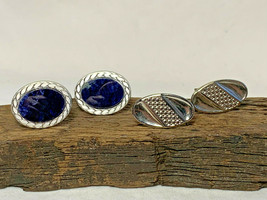 Lot of 2 Silvertone Oval Cufflinks Blue Stone Etched Swank Classy Simple Jewelry - £23.85 GBP