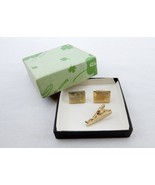 Vintage Cuff Links and Tie Clip Set, Gold Tone Rectangle, Engraved Design - $16.61