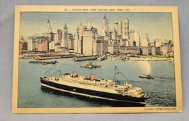 Lower New York Skyline City River Steamboat Scenic Linen Postcard 1939 Posted - £2.35 GBP