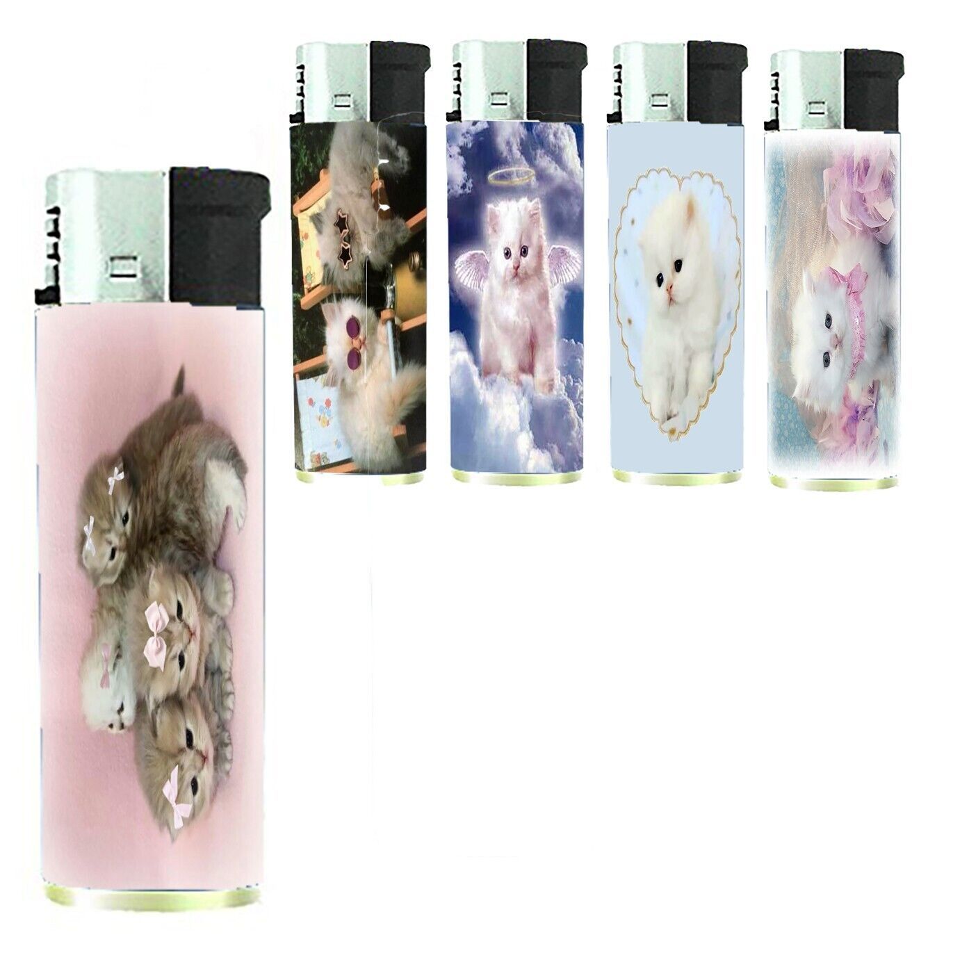 Kitten Lighters Set of 5 Electronic Refillable Butane Pink Girly Heart Angel