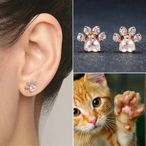 Cat Lovers Earrings. Cat Paws Shape Pink Crystal Zircon Earrings. Girls Jewelry - £11.66 GBP