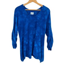 OH MY GAUZE 1 Top Womens S/M Blue Tie Dye 3/4 Ruched Sleeve Scoop Neck Sharkbite - £23.41 GBP