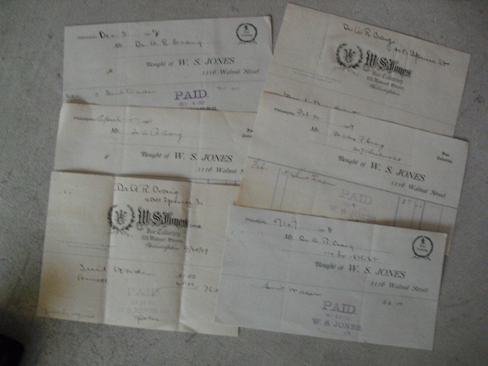 Lot of 6 1906-1910 WS Jones Tailor Billheads Receipts - $17.82
