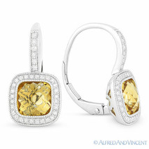 3.22ct Checkerboard Citrine &amp; Diamond Leverback Drop Earrings in 14k White Gold - £695.89 GBP