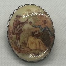 Vintage Brooch Colonial Man Woman Girl Courting Oval Gold Tone Pin - £10.96 GBP