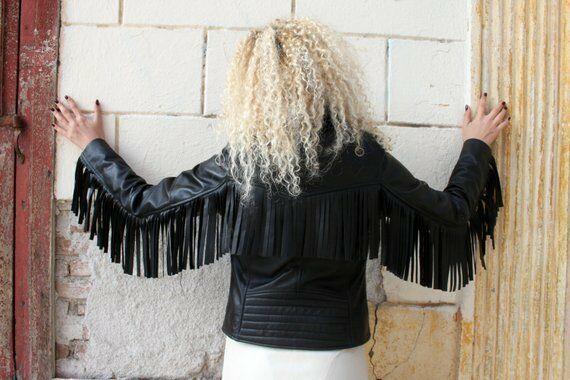 Women's Black Genuine Finished Cow Leather Western Fringed Style Biker Jacket