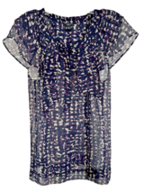 Ann Taylor Women&#39;s Blouse 100% Silk Ruffle Half Button Sheer Petite Size S Navy - £15.58 GBP