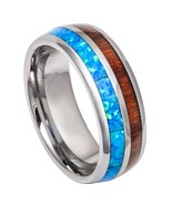 Koa Wood &amp; Synthetic Blue Opal Inlay Domed Tungsten Ring 8 mm Wedding Band - $58.79 CAD