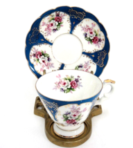 Fine China Cup and Saucer Aqua Blue Border with Flower and Gilding 908-A/C - £8.22 GBP