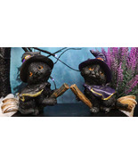 Halloween Black Cats With Witch Hat and Cape On Magical Broomstick Figur... - $31.42 CAD