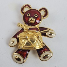 Vintage Teddy Bear Drummer Christmas Brooch Pin 1.75 Inch Tall Gold Tone - £13.40 GBP