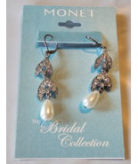 Monet Bridal Collection Lever Back Dangle Earrings Clear Stones Pearl Te... - $22.62 CAD