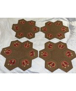 Handmade Vtg Fall Turkeys Applique Hexagon Floral 4 Placemats Brown Cora... - $49.00