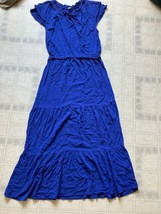 Old Navy Prairie Dress Small Blue Tiered Midi Tie neck Elastic Waist Rayon - $25.89
