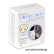 Personal at Home Ear Piercing Kit w/Gun &amp; 3mm CZ Gold Plated Earrings - £7.91 GBP