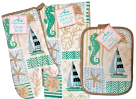 Sailboat Seahorse Dish Towel Oven Mitt Pot Holder Set of 3 Beach Summer ... - $24.38