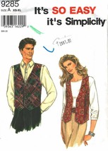 1995 Misses&#39;, Men&#39;s, Teen&#39;s  VEST Simplicity Pattern 9285 Sizes XS-XL UNCUT - £9.40 GBP