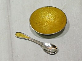 Vintage JF Mexican Sterling Silver Yellow Guilloche Enamel Salt Cellar &amp;... - $98.01