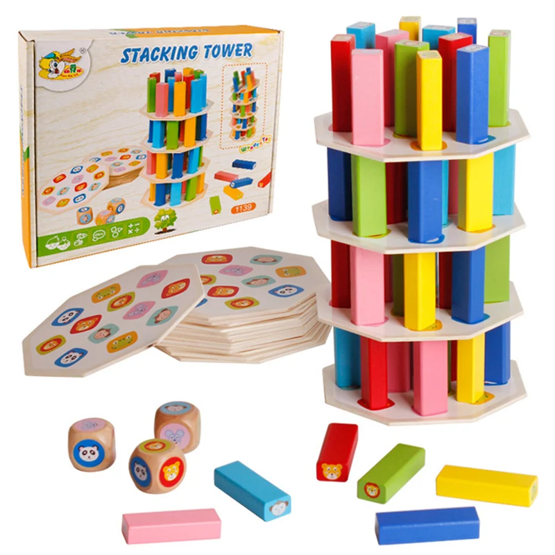 Wooden Rainbow Blocks Stack Children Toys Stacking Tower Dice Colors Matching - £26.96 GBP