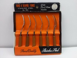 4&quot; Hors-d&#39;oeuvre Forks Stainless Steel No. 740 With Fruit Wood Handles Japan VTG - £7.81 GBP