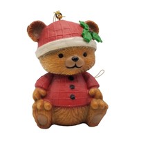 Vintage Christmas Ornament Teddy Bear Sitting Red Hat Shirt Holly Hong Kong 2&quot; - £9.30 GBP