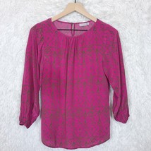 Ellie Kai Pure Silk Peasant Blouse Pink Brown Ikat 3/4 Sleeve Womens 00 XXS - £16.23 GBP