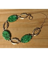 VTG 14K Gold Carved Green Jadeite Bracelet Chinese Export Floral w/ Safe... - $744.71 CAD