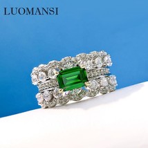 4*6MM Emerald Double Row Full Diamond Wide Ring 100%-S925 Sterling Silver Jewelr - £41.21 GBP